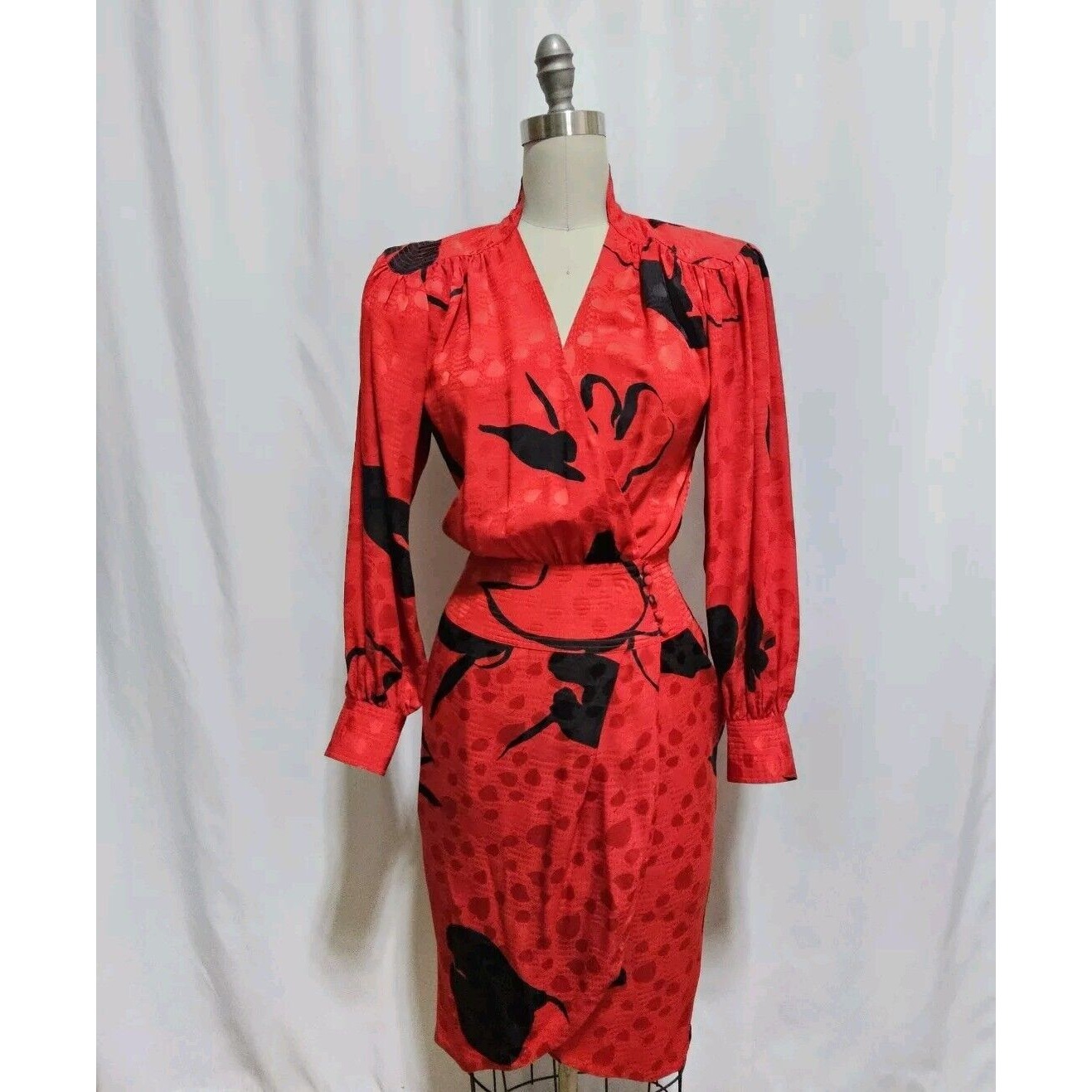Vintage 80s Flora Kung Silk Wrap Dress Size 4 100% Silk Abstract Evening Floral